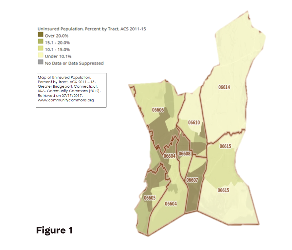 Uninsured population percent by tract, Bridgeport